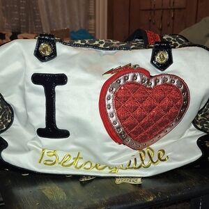 SOLD Betsey Johnson White Tote with Red Heart, Black Trim & Leopard Accents
